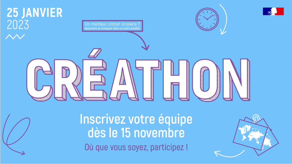 reseau_canope's tweet image. 🔔 Les inscriptions pour #LeCréathon sont ouvertes : constituez vos équipes !
Thème : "Un meilleur #ClimatScolaire ? Apprendre et enseigner dans un cadre paisible".
💡🧠  Imaginez un projet unique mêlant #éducation et #numérique.
🖊  Infos reseau-canope.fr/actualites/act…