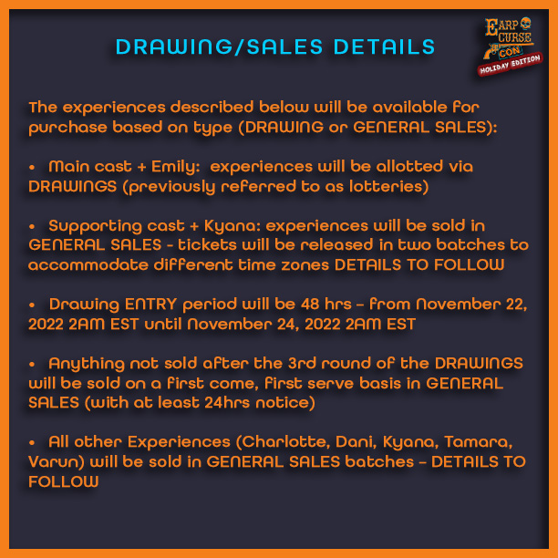 earpcursecon's tweet photo. The info #Earpers have been waiting for: Drawing &amp; Sales Details! 
The experiences described below will be available for purchase based on type (DRAWING or GENERAL SALES):

A thread...

#WynonnaEarp  #EarpCurseCon 
-LJ https://t.co/U7yLdWqVci