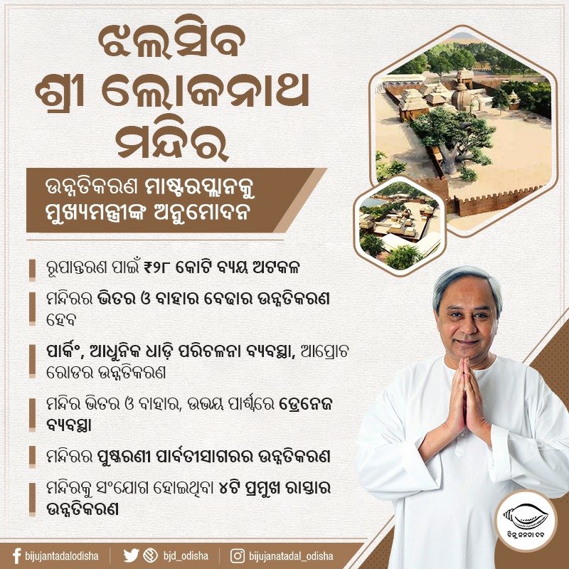 bjd_odisha's tweet photo. ସଭାପତି ତଥା ମୁଖ୍ୟମନ୍ତ୍ରୀ ଶ୍ରୀ @Naveen_Odisha  ପୁରୀର ଶ୍ରୀ ଲୋକନାଥ ମନ୍ଦିରଉନ୍ନତି ପାଇଁ ପ୍ରସ୍ତାବିତ ମାଷ୍ଟରପ୍ଲାନକୁ ଅନୁମୋଦନ କରିଛନ୍ତି। ₹୨୮ କୋଟି ବ୍ୟୟରେ ଶ୍ରୀ ଲୋକନାଥ ମନ୍ଦିରର ବିକାଶ ପାଇଁ ସରକାରଙ୍କ ପକ୍ଷରୁ ନିଷ୍ପତ୍ତି ନିଆଯାଇଛି। #Transfermation #5T #Odisha https://t.co/odEGA0CaJL