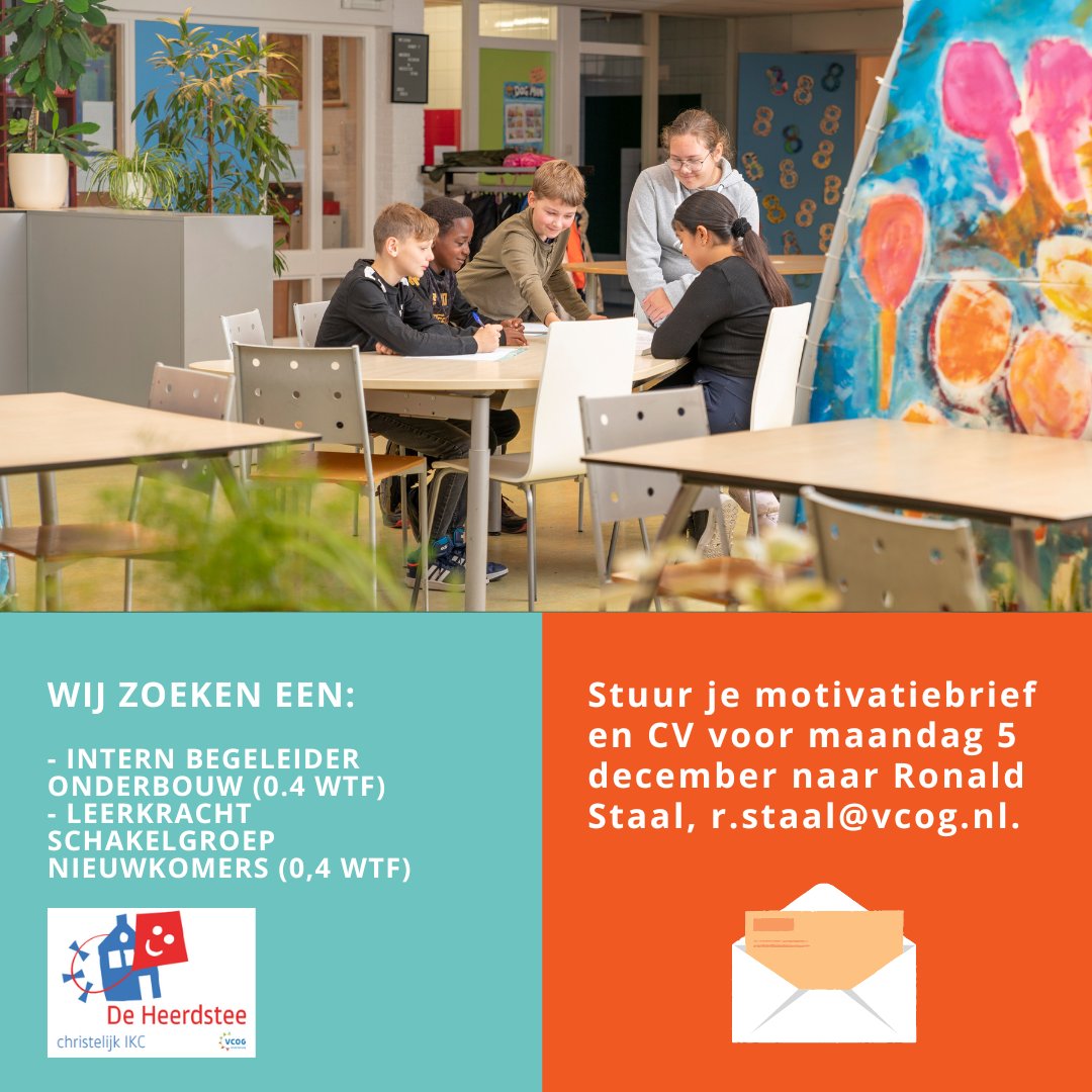 Voor IKC De Heerdstee in Beijum zijn wij op zoek naar een intern begeleider en een leerkracht voor onderwijs aan nieuwkomers (schakelgroep). Bekijk de vacatures op: vcog.nl/vacatures/