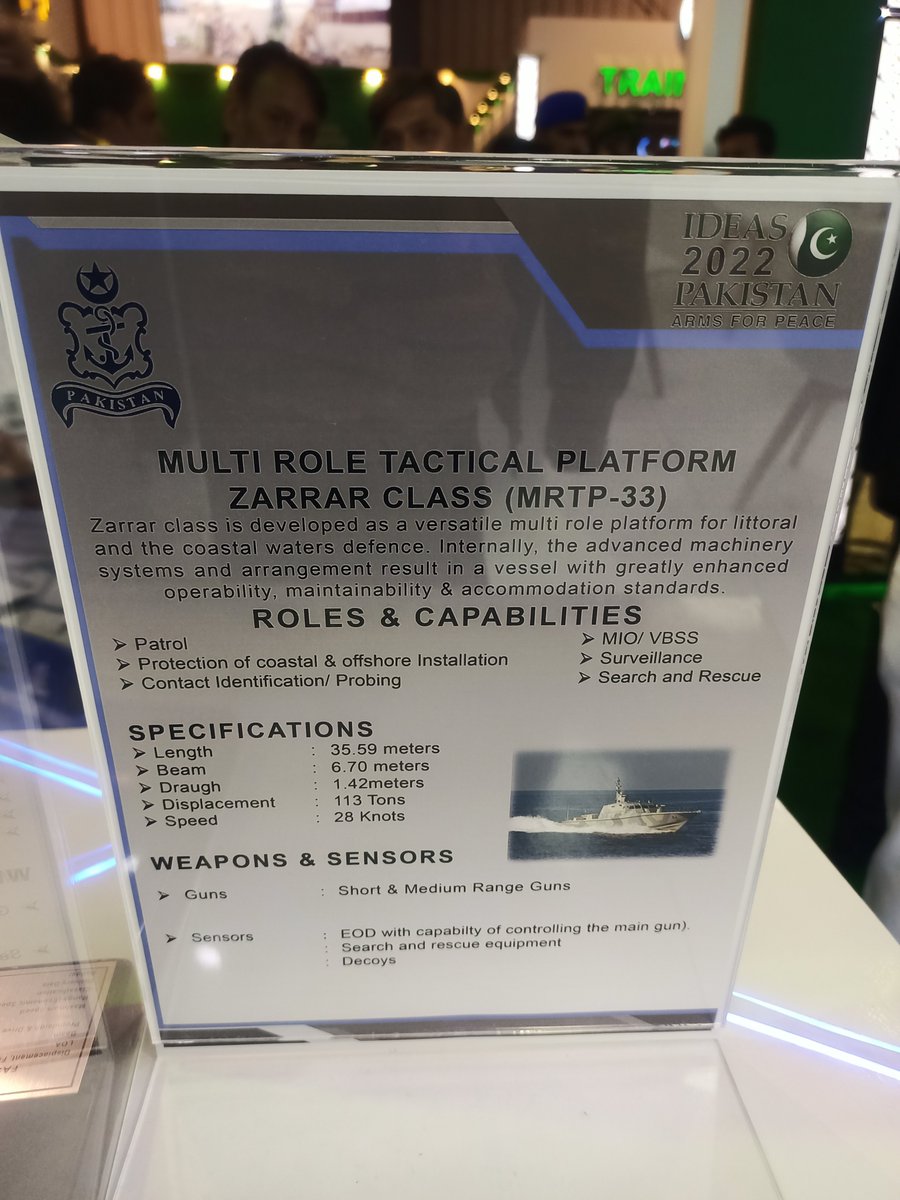 BlitzFalconINT's tweet photo. I was so confused when i actually saw SSM (Surface to Surface Missiles) on Zarrar Class at #IDEAS22 Pakistan Navy Expo.
They have actually fixed 30mm Auto Naval Gun along with a missile launch platform and some side MGs.
This is the most loaded coastal patrol vessel ever https://t.co/xfmA2wdwel