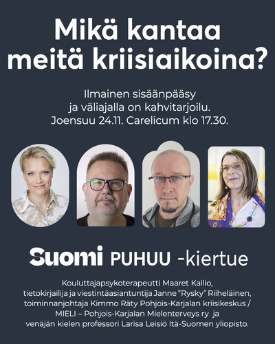 Janne Riiheläinen 🇫🇮🏴🇪🇺 (@veitera) on Twitter photo Torstaina keskustelemme Joensuussa <a href="/MaaretK/">Maaret Kallio</a>'n johdolla <a href="/Suomitoimii/">Suomi toimii</a>'n kiertueella siitä, miten pärjäämme näinä aikoina. Keskustelusta on myöhemmin tulossa tallenne. Torstaina keskustelemme Joensuussa <a href="/MaaretK/">Maaret Kallio</a>'n johdolla <a href="/Suomitoimii/">Suomi toimii</a>'n kiertueella siitä, miten pärjäämme näinä aikoina. Keskustelusta on myöhemmin tulossa tallenne.