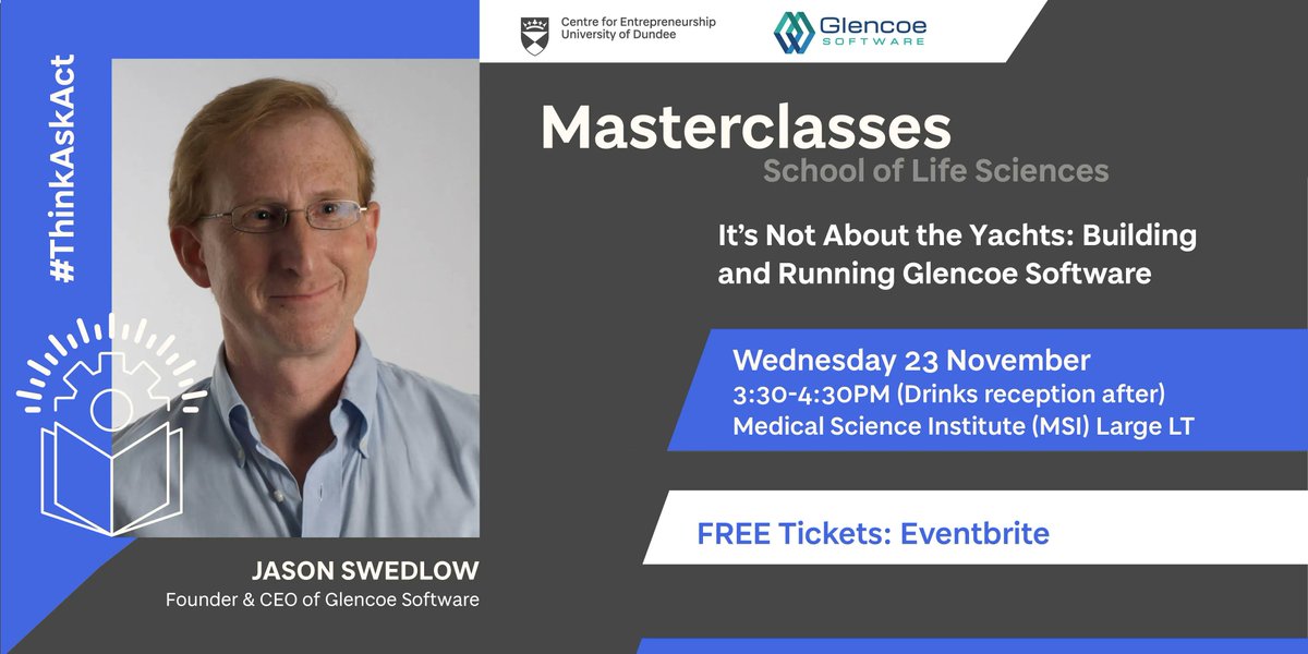 TOMORROW!
An Entrepreneurial Masterclass with Professor Jason Swedlow <a href="/jrswedlow/">Jason Swedlow</a> 
It’s Not About the Yachts: Building &amp; Running <a href="/GlencoeSoftware/">Glencoe Software</a> 
Wed 23 Nov 3.30-4.30 in the MSI Large LT 
Followed by a drinks reception 
Register for your free ticket here: buff.ly/3htF2uU