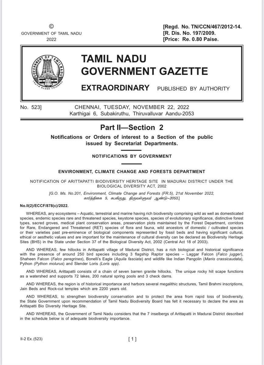 supriyasahuias's tweet photo. Congratulations Madurai 🎉 Arittapatti in Madurai gets Notified by GOTN as the first Biodiversity Heritage Site in Tamil Nadu. #Arittapatti is nothing less than a biodiversity paradise with several endemic species and a historical heritage which dates back to thousands of years https://t.co/4YxBQrsNmb