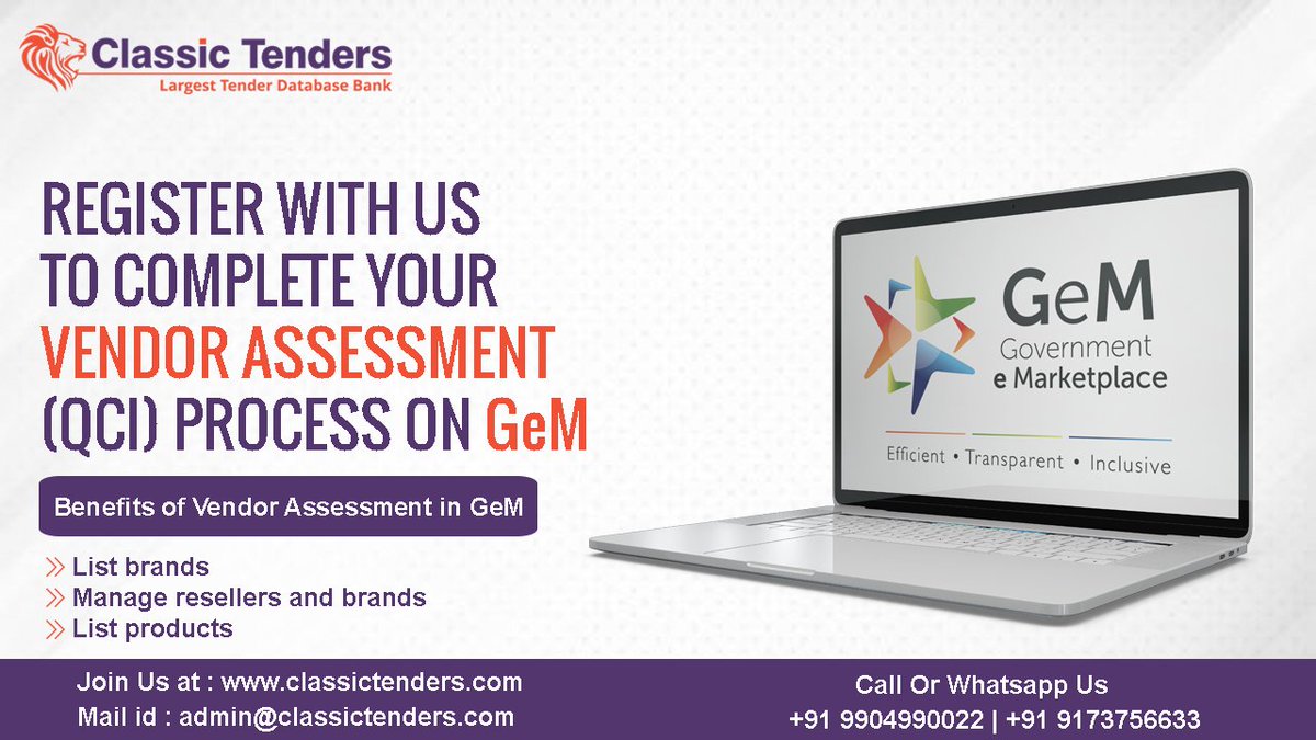 Connect with us to complete your Vendor Assessment 
(QCI) Process on GeM

Contact : +91 91 73756633, +91 9904990022
Visit : classictenders.com 
#classictender #GeM #governmentemarketpalce 
#vendorassessment #tenderservices #tender 
#ahmedabad #gujarat