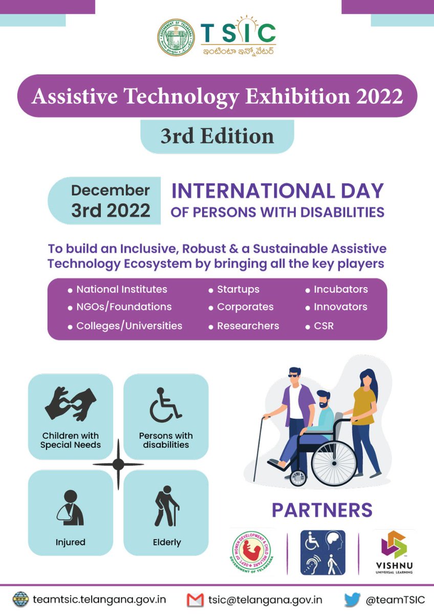 teamTGIC's tweet photo. Our flagship program, Assistive Technology Exhibition is back to commemorate the International Day of Persons with Disabilities on Dec 3rd 2022

The poster was launched by @jayesh_ranjan @DrShantaThoutam along with representatives of @srivishnueduin

@KTRTRS @WCDTelangana @wdscts https://t.co/UkQXsm7BRf