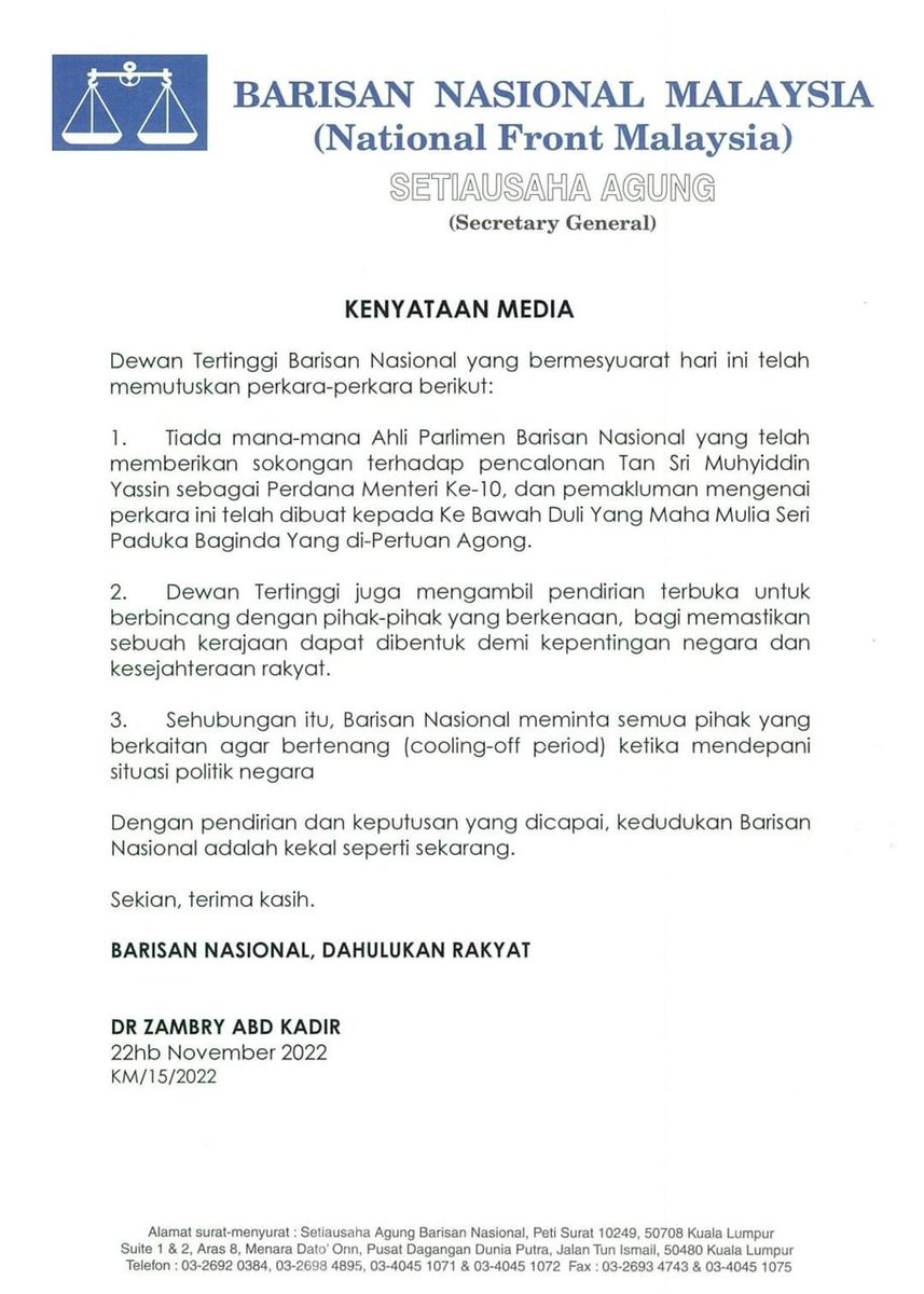 amerhadiazmi's tweet photo. BN supreme council announced that none of their MPs had lent their support for the nomination of Muhyiddin Yassin as prime minister, and this has been relayed to the Agong. https://t.co/AyIUMRYYeE