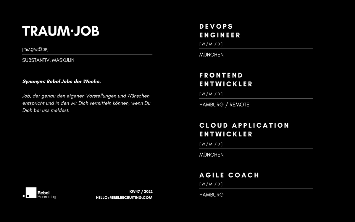 Unsere Jobs der Woche sind da!

🧐 Alle Infos zu den ausgeschriebenen Stellen findest Du hier: linktr.ee/RebelRecruting

❓ Mehr Infos gibt es per DM oder per Mail an hello@rebelrecruiting.com

#jobsmitzukunft #futureofwork #jobsearch #developerjobs #jobsinit