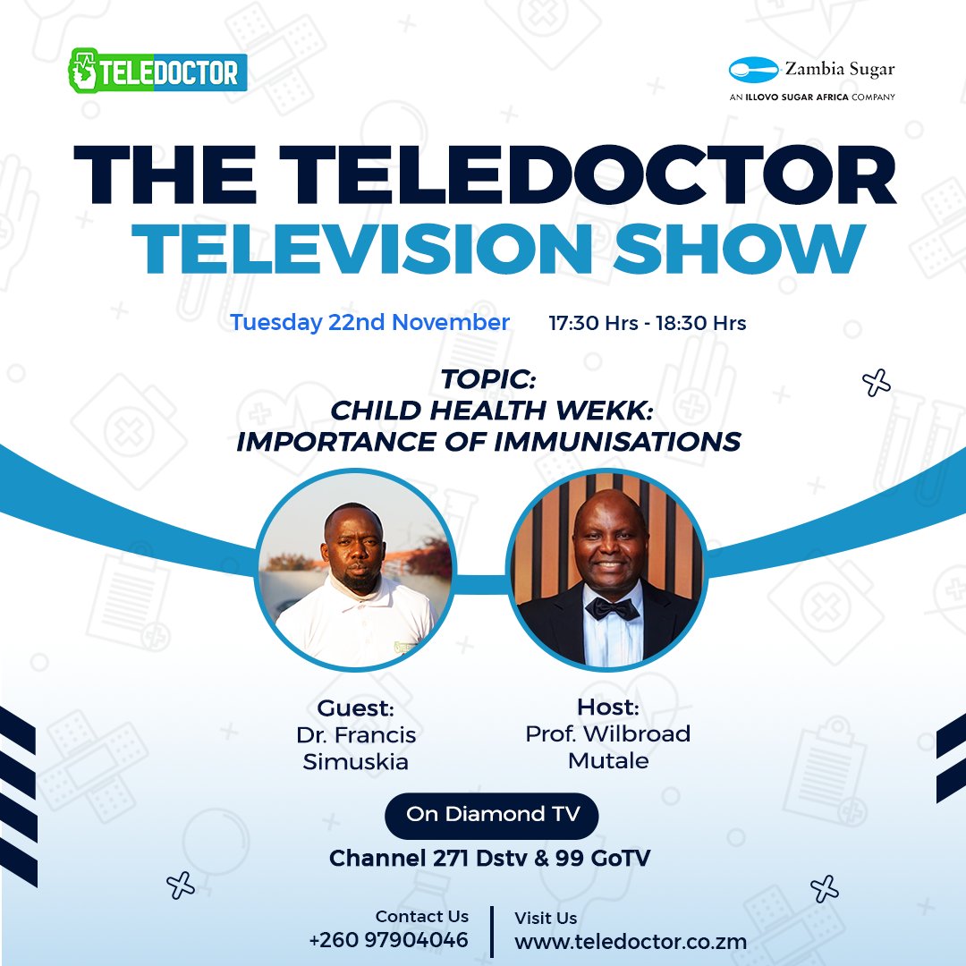 teledoctorzm's tweet photo. Vaccines protect children from serious diseases in an effective and simple way. Come and join us on Diamond TV channel 271 DSTv &amp; 99 GoTv at 17:30 hrs to discuss the importance of vaccinations in children with guest Dr Francis Simusika.
#childhealthweek #DiamondTV #teledoctor https://t.co/F51PmGN0V3