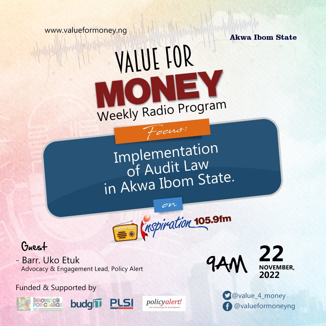 Value for Money (@value_4_money) on Twitter photo #ValueForMoney Radio Program!
Join us this morning from 9AM on <a href="/Inspiration1059/">InspirationFMUYO</a> as we discuss the Implementation of Audit Law in #Akwa_Ibom State. <a href="/aksgovt/">Akwa Ibom State Govt</a>
Listen Online>>>ifm1059.com/live-streaming/ #ValueForMoney Radio Program!
Join us this morning from 9AM on <a href="/Inspiration1059/">InspirationFMUYO</a> as we discuss the Implementation of Audit Law in #Akwa_Ibom State. <a href="/aksgovt/">Akwa Ibom State Govt</a>
Listen Online>>>ifm1059.com/live-streaming/