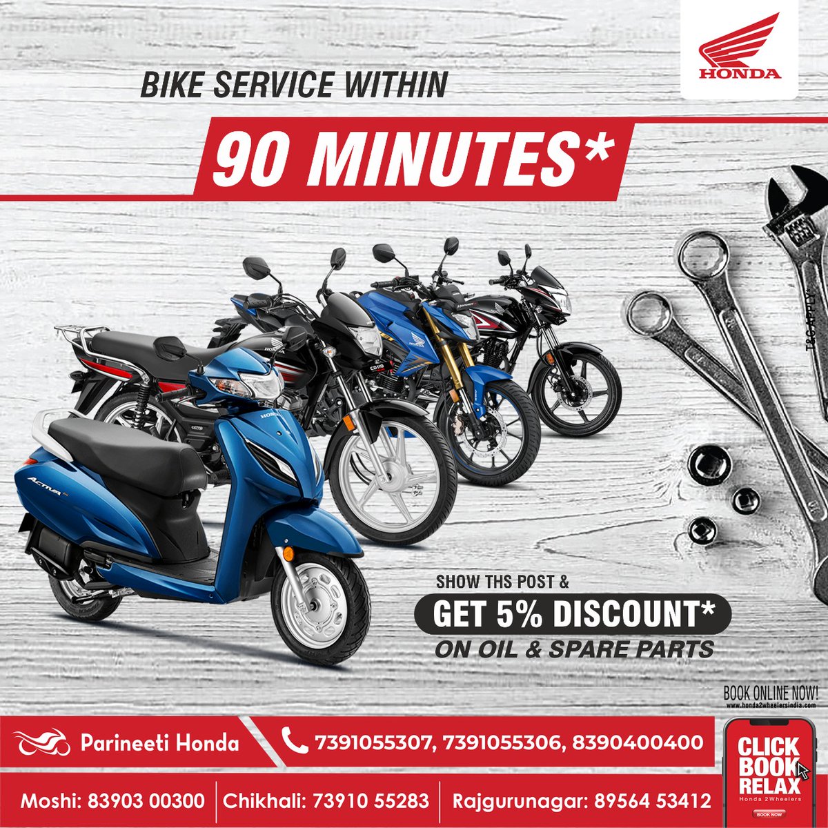 ParineetiH's tweet photo. 🏍️"BIKE SERVICE WITHIN 90 MINUTES*"🏍️

📞Moshi: 8390400400
📞Chikhali: 7391055306
📞Rajgurunagar: 7391055307
📧Email Id: sales@kothariautowings.com

#Parineetihonda #Honda2wheel #pune #Moshi #Chikhali #rajgurunagar #allnewbike #digitalmeter #engine #newlaunch #Servicing #Discount https://t.co/k2Hg3jPLPZ