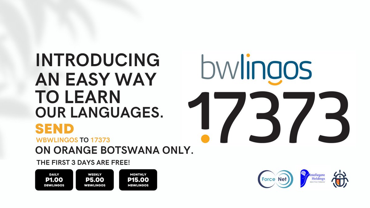 Learning Botswana languages has never been so easy! Enjoy a week long trial before being billed. 

Send wbwlingos to 17373 to subscribe. The first 3 days are FREE!

Give it a try NOW!