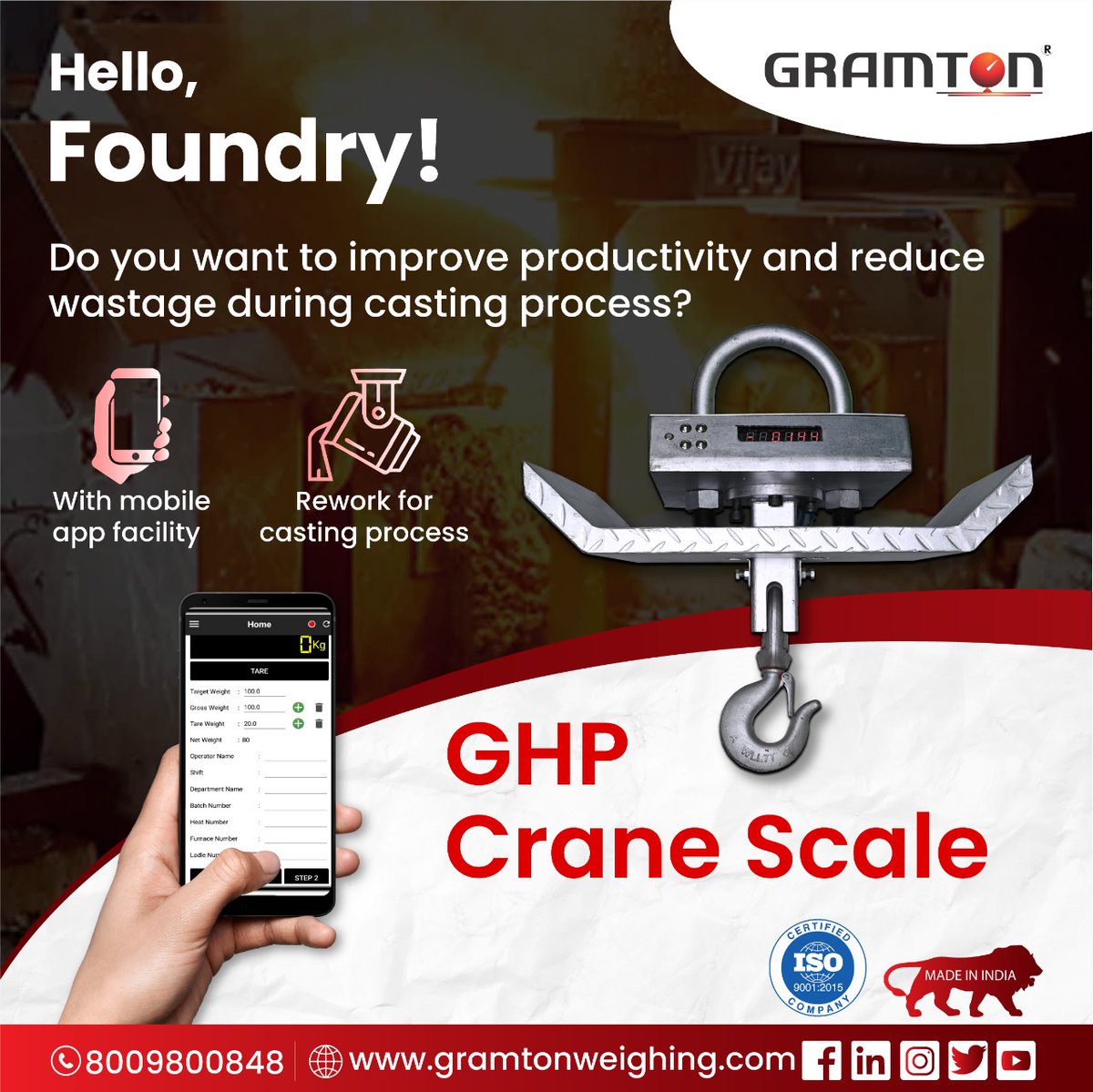 GramtonAuto's tweet photo. By minimizing molten metal waste, the #GHP crane scale helps to lessen the hazardous impact of air pollution on the environment. 
GHP Crane Scale:
Avoids wastage of raw material
Reduces Rework for the casting process
Less electricity consumption
Mobile app facility. https://t.co/EUHusI6KkC
