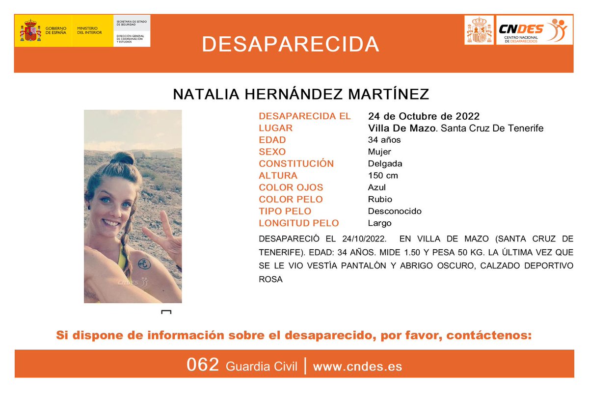 SE BUSCA A NATALIA HERNÁNDEZ MARTÍNEZ
Natalia tiene 34 años y está #desaparecida desde el 24 de octubre en #VilladeMazo #SantaCruzdeTenerife

🔶Si tienes alguna información contacta con el📞062 <a href="/guardiacivil/">Guardia Civil</a> 
#TodoYTodosPorEncontrarla