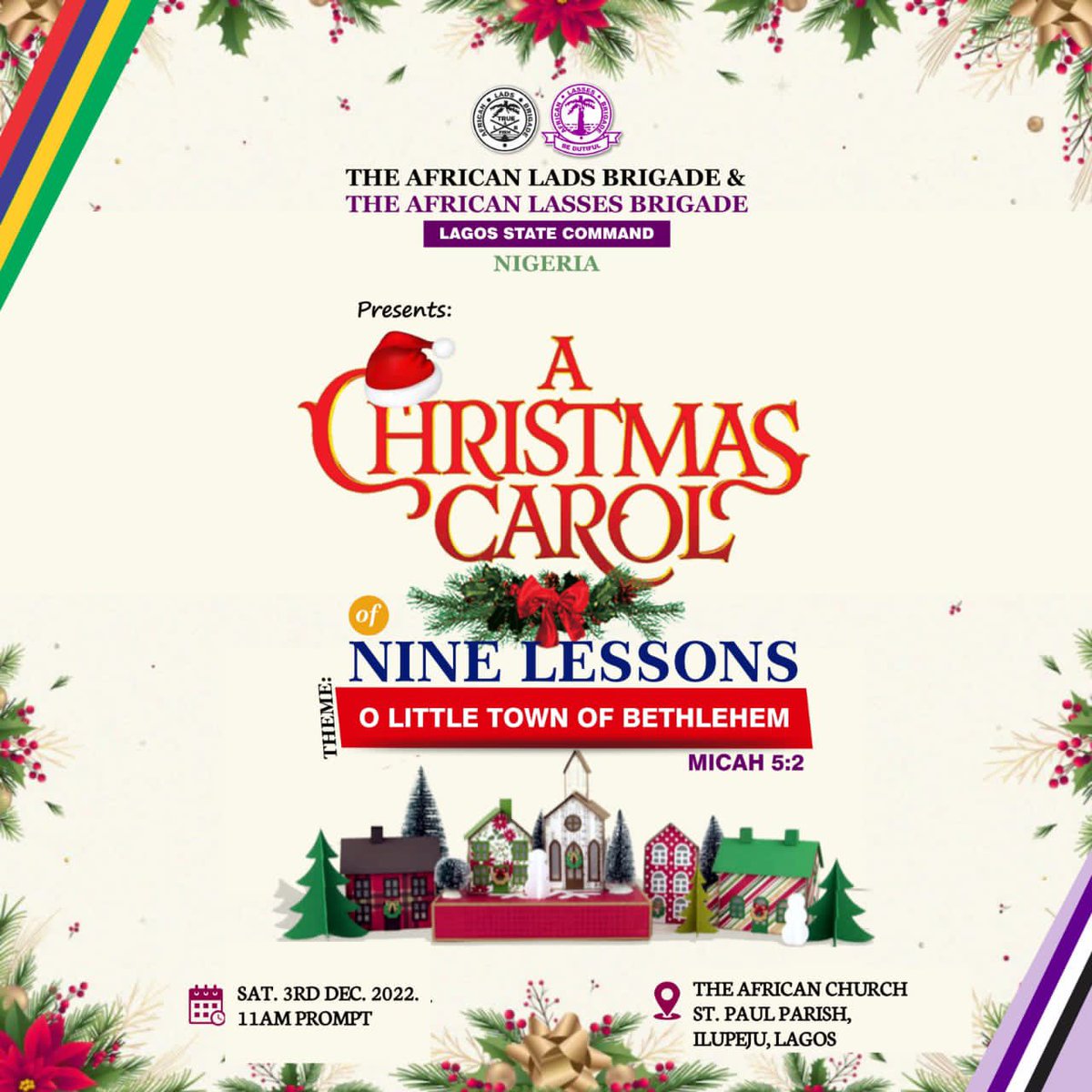 allb_lagos's tweet photo. THE AFRICAN LADS AND THE AFRICAN LASSES BRIGADE LAGOS STATE COMMAND CHRISTMAS CAROL OF NINE LESSONS 🎊🎊🎊🎊🎊🎊

It's a day of celebration, a day to show gratitude to our Savior who was born. “O little town of Bethlehem" https://t.co/RYWJY0VwE8