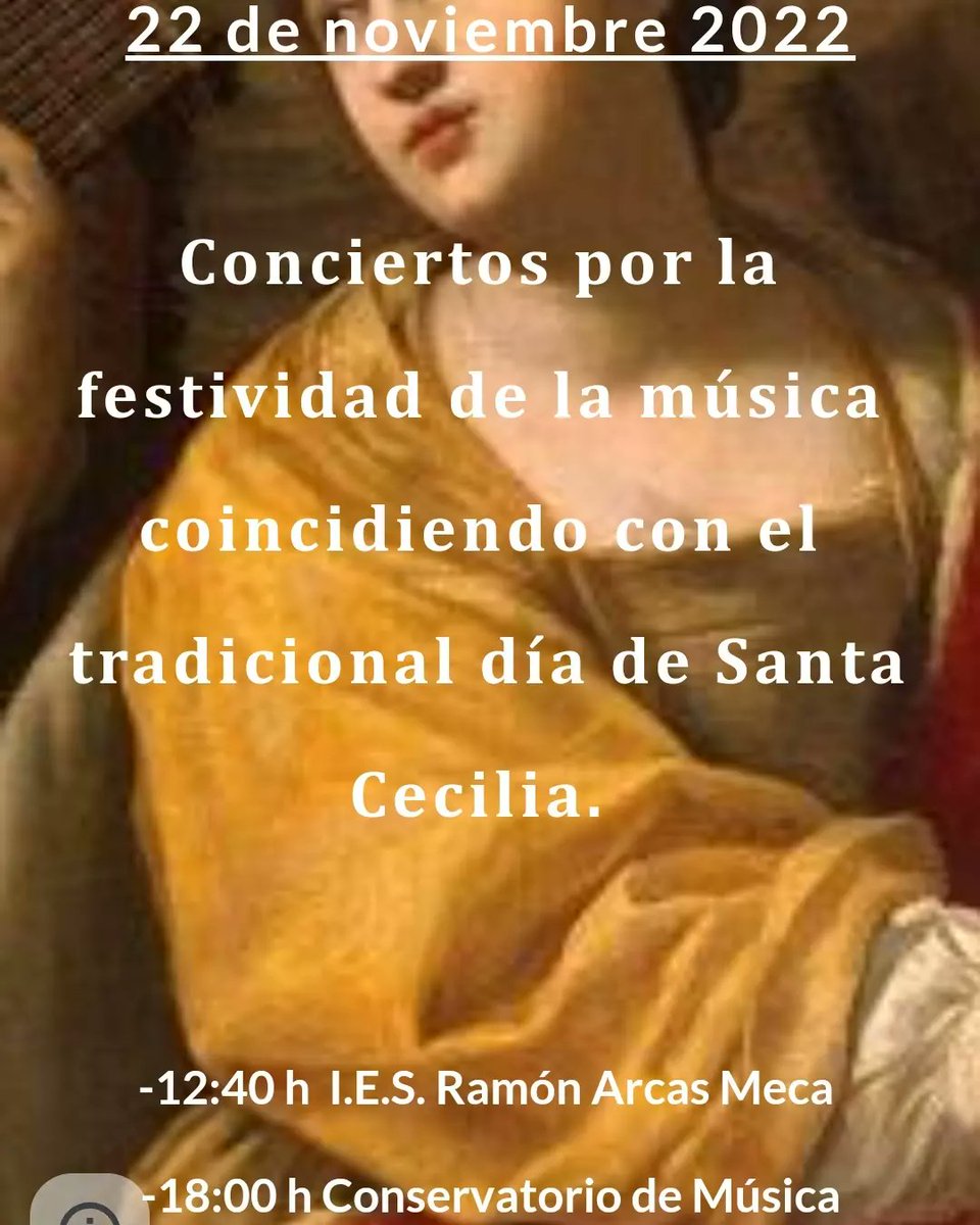 📀Conciertos de Santa Cecilia:
🎶12:40: Concierto de alumnos en el IES Ramón Arcas
🎶18:00 Concierto de profesores/as en el Salón de Actos del conservatorio.
No te los pierdas🎉🎉🎷🎺🎸🎻🎹🥁🎤💯🎊🎊
#Quenoparelamúsica
