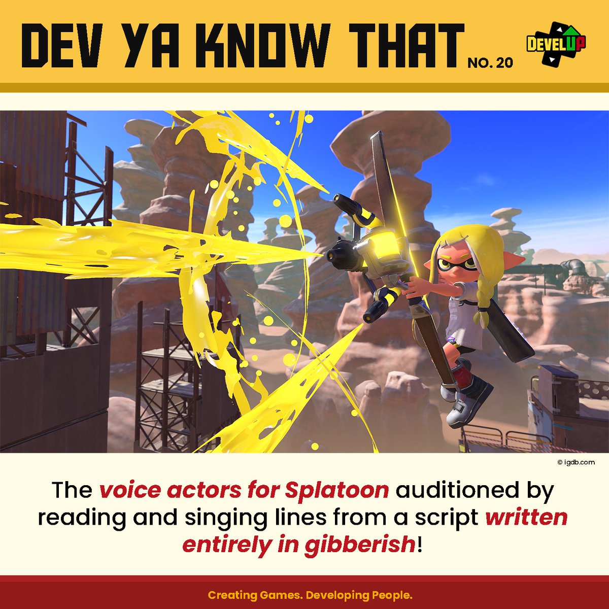 DevelUP_Diliman's tweet photo. Ever been asked to read a bunch of keyboard smashes?
#Splatoon voice actors were given a script written in gibberish! By using "undulating tones" on their lines, the team made the iconic underwater "squid" voices you hear in-game. ๐ฆ๐๏ธ๐ซ
#DevYaKnowThat #DevelUP https://t.co/CEoEmm9UOr