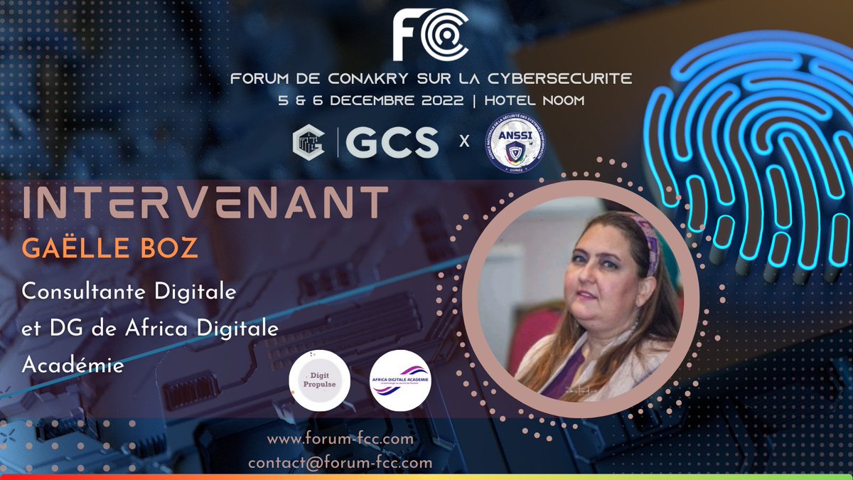 Nous sommes très heureux de compter <a href="/GaelleBoz/">Gaëlle Boz 🇬🇳🇫🇷</a>, Consultante digitale chez Digit Propulse et Directrice Général de <a href="/AfricaAcademie/">Africa Digitale Academie</a>, parmi nos speakers au Forum de Conakry sur la Cybersécurité (#FCC)
