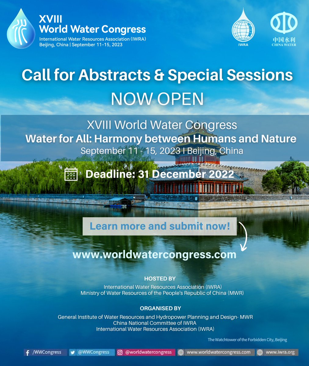 The deadline to submit your abstract and special session proposals for the XVIII World Water Congress on "Water for All: Harmony between Humans and Nature" is approaching soon❗️

For more information on the abstract submission process, please visit 🌐worldwatercongress.com
