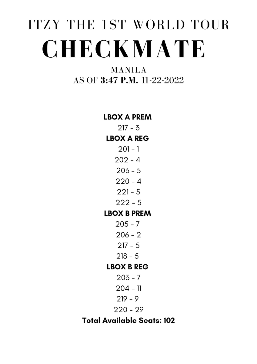midzy_toni's tweet photo. Hi filo midzys! Here's an update of the number of seats available for ITZY's Concert in Manila.
Also taking this opportunity to ask you filo midzys to vote for ITZY for Worldwide Fan's Choice!
https://t.co/D3HSh6rzZc
#ITZY_CHECKMATE_MANILA
#ITZYinMANILA
#CheckmateinManila https://t.co/AXsqtZpuP4