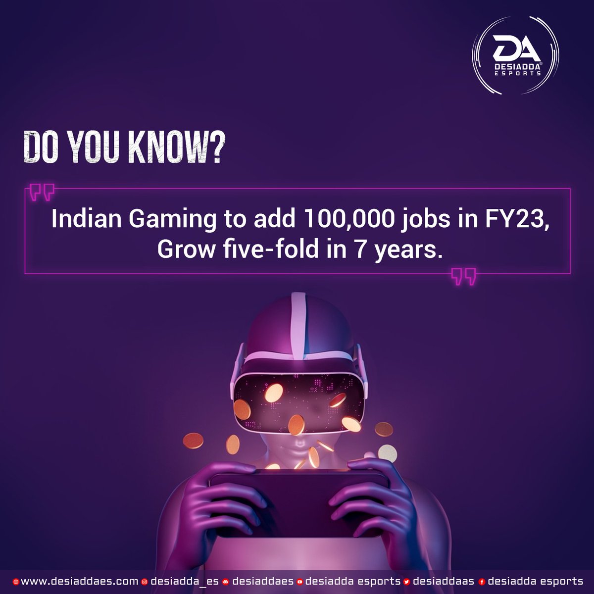 DesiAddaEs's tweet photo. The Indian gaming industry is expected to grow by 20-30 percent and add 1,00,000 direct or indirect jobs. Currently the sector employs 50,000 people in India.
.
.
#Esports #India #gaming #jobs #employment #jobcreation #gamingcommunity #growth #gamerlife #Desiadda #DAAPL https://t.co/YcdpcyhoDr
