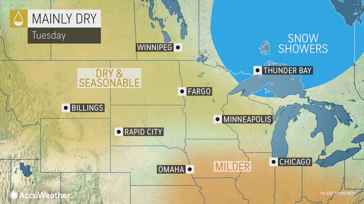 Mainly dry weather will prevail across the North-Central states on Tuesday, aside from a few snow showers across far northeastern Minnesota and the Upper Peninsula of Michigan. Keep up to date on the latest forecast: https://t.co/Pm5DNMcn8A https://t.co/EOJyCY9ws6