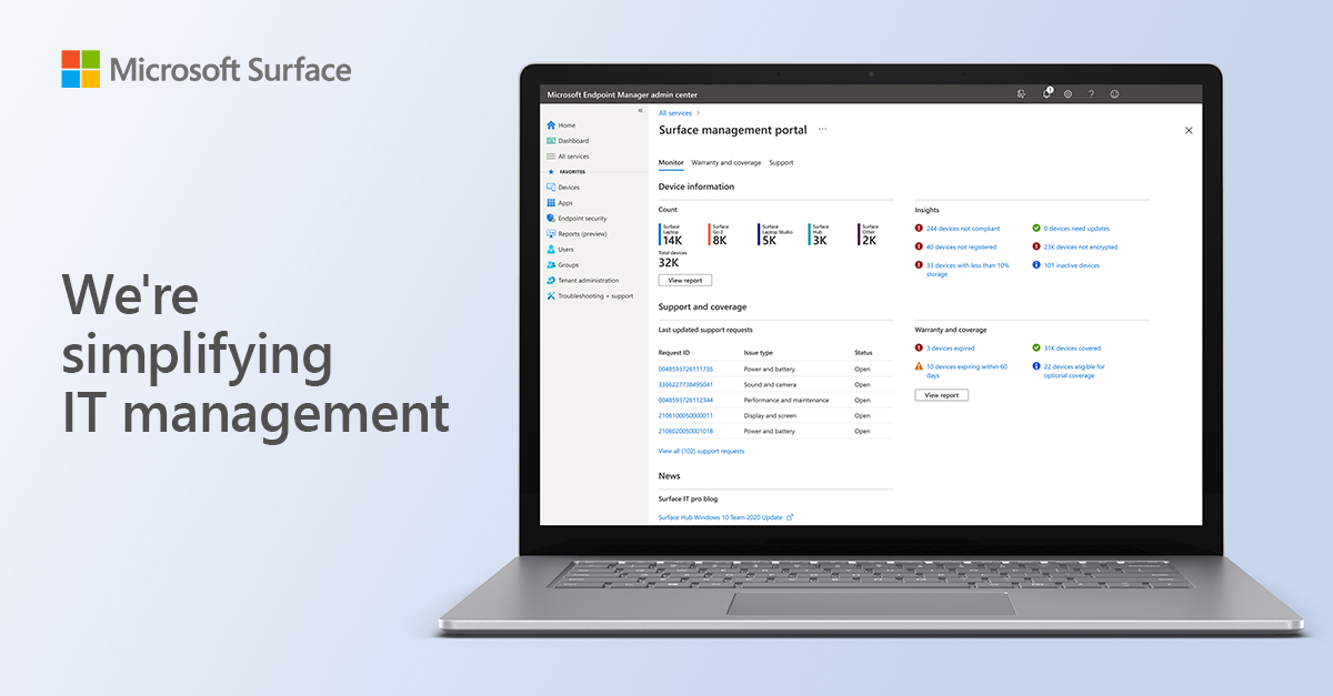 Whether you lead a large organization with thousands of devices or manage IT for a small business, now you can self-serve, manage, and monitor Surface devices from one, centralized location.