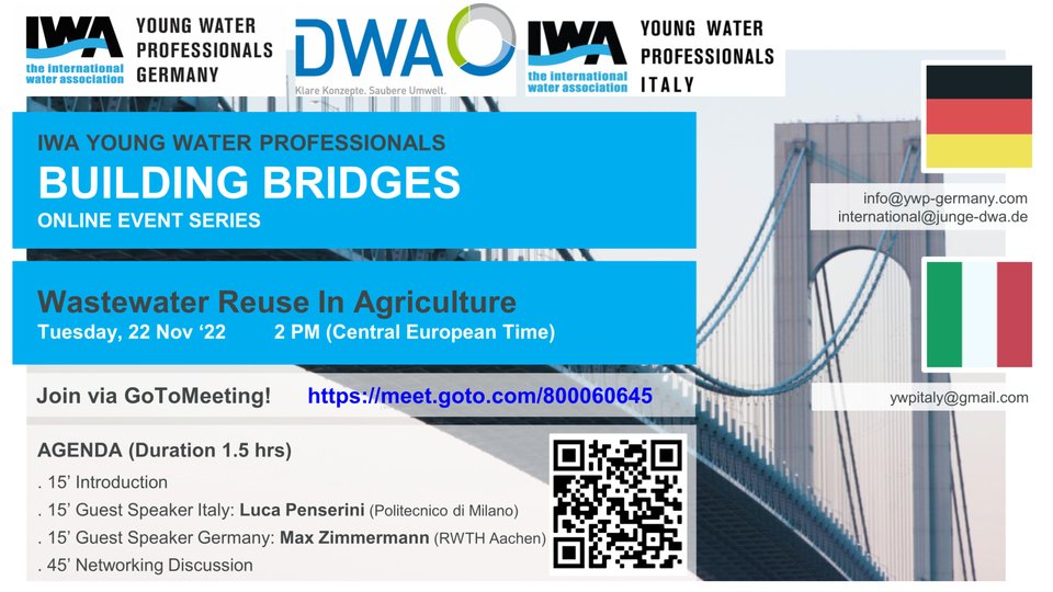 ItalyYwp's tweet photo. 📢📢📢📢
Happening today: the #BuildingBridges event organized with @YWP_Germany 

💧 We will discuss about a very hot topic: the Reuse of Wastewater in agriculture!

🔗 Join us at 2 PM via the following link https://t.co/D4MYg5xOVh

#YoungWaterProfessionals https://t.co/xiXcxxQVqC