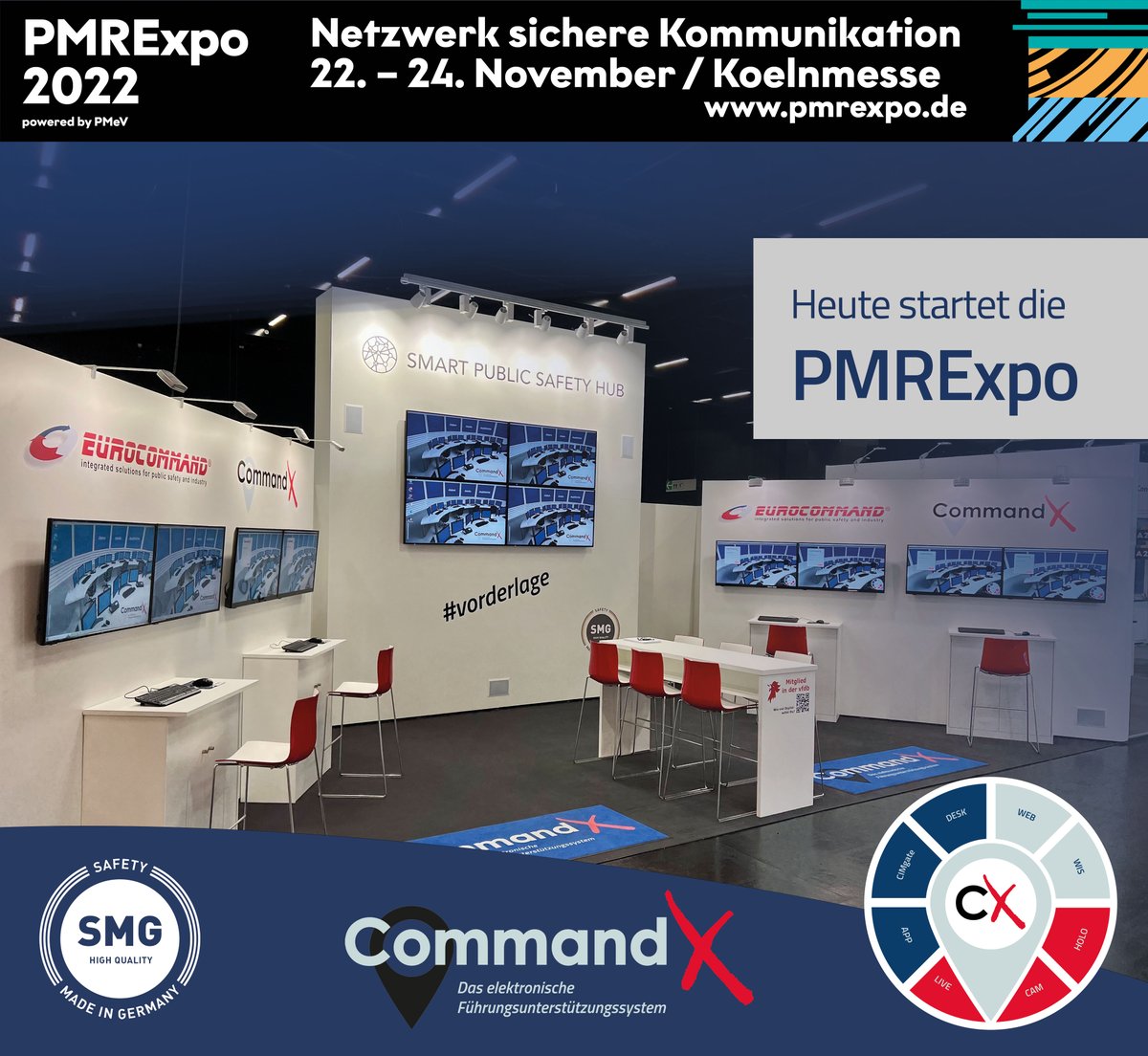 EurocommandGmbH's tweet photo. Heute startet die #pmrexpo 2022 in #Köln. Wir sind mit dem #smartpublicsafetyhub in Halle 10.2, Stand A23, dabei. Wir freuen uns auf Euren Besuch und die Gespräche mit Euch!
#eurocommand #commandx #cx5 #führungsunterstützung #katastrophenschutz #bevölkerungsschutz #vorderlage https://t.co/YDJ2LBAUS7
