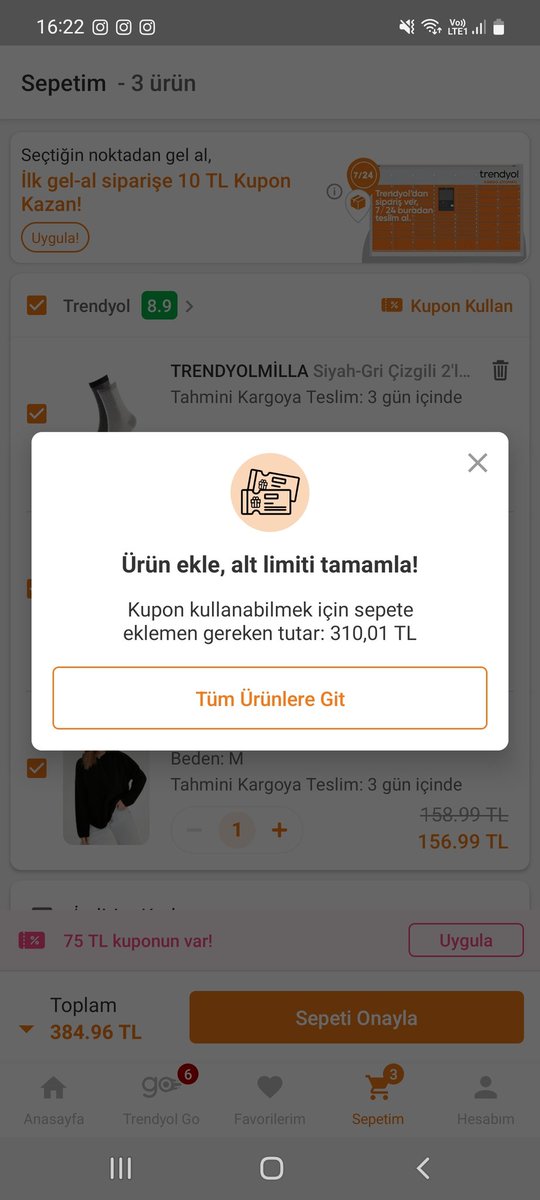 psikologpsi's tweet photo. Trendyol 350 tl ye 75 tl indirim çekim var. 384 tl lik alisveris yapip Indirimi uygula dedikten sonra ise kuponu kullanabilmek için 310 tl lik daha ürün eklemem gerektiğini söylüyor. Yalancısınız ! @Trendyol https://t.co/QJPcBARmKq