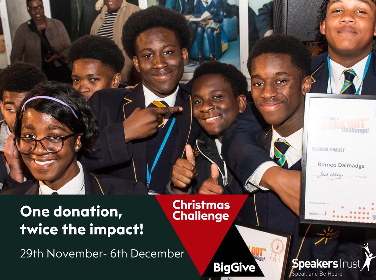 SpeakersTrust's tweet photo. Give the Gift of Speaking 🎁

Our @BigGive Christmas Challenge campaign goes live in just seven days! 🎄

One donation, twice the impact!

Find out more and use this link to make your donation from midday on Tue 29 Nov. 👇
https://t.co/MzgxBRWiqO

 #ChristmasChallenge22 https://t.co/kKBhOeKBxJ