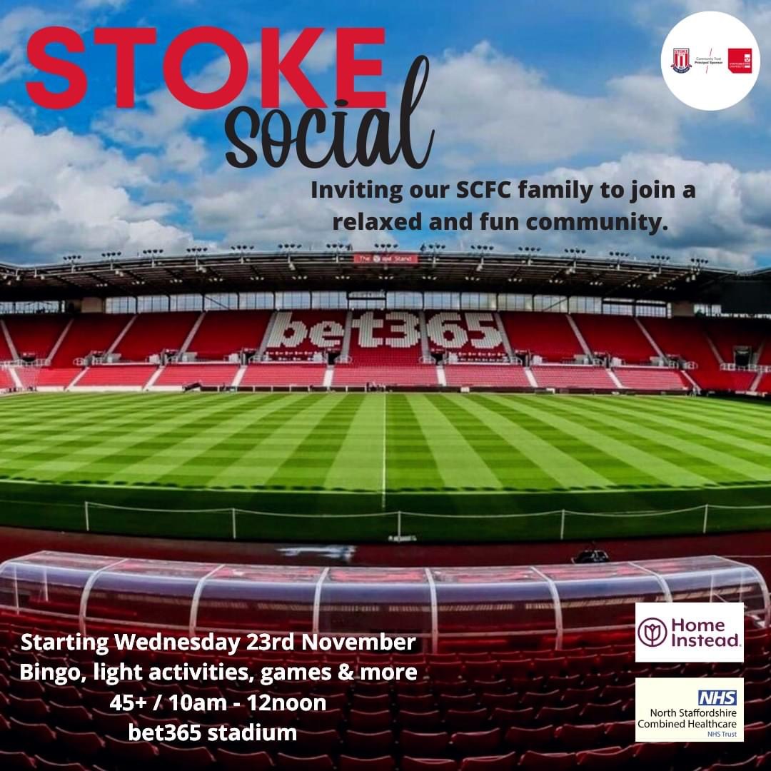 🚨 Stoke Social - One day to go! 🚨

Join us tomorrow for the launch of our new community group, where you’re guaranteed a warm welcome.

📍 bet365 stadium
⏰ 10am - 12noon 
📆 Wednesdays 

For more information, please contact naomi.parton@stokecityfc.com