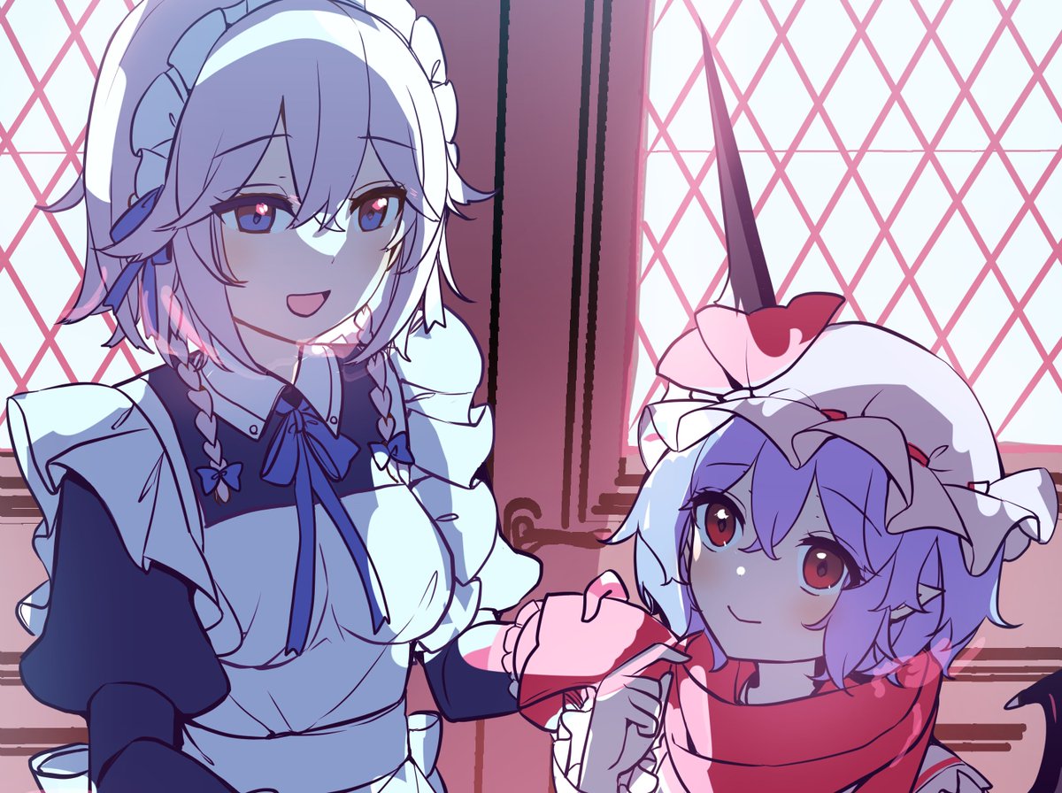 izayoi sakuya ,remilia scarlet multiple girls 2girls red eyes hat blue eyes mob cap maid  illustration images