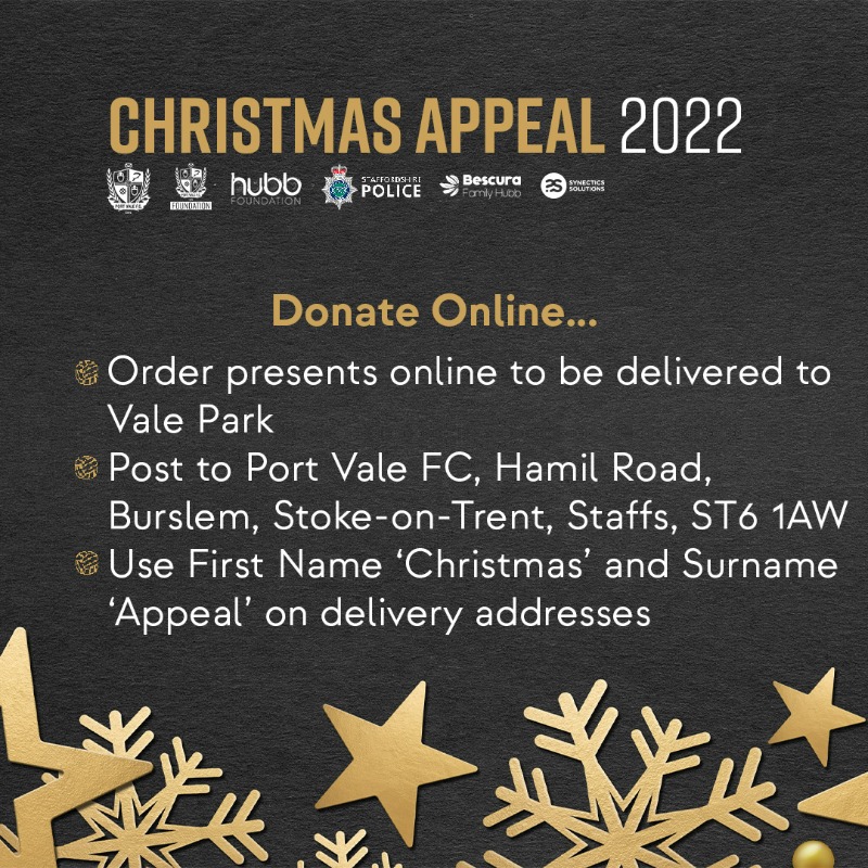 OfficialPVFC's tweet photo. 🎅 Can you support our 2022 Christmas Appeal?

❄️ Find out how you can help by volunteering or donating 👇

#PVFC | #PVFCXmasAppeal | @HUBBFoundation_ | @Syn_Sol | @PVFCFoundation | @StaffsPolice