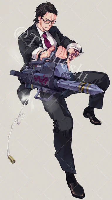 こちらではクールでインテリな雰囲気の男性立ち絵を描かせていただきました!キャラ&武器のデザインもやらせていただいておりますスーツキャラはほんと良いです…ご依頼ありがとうございました! 