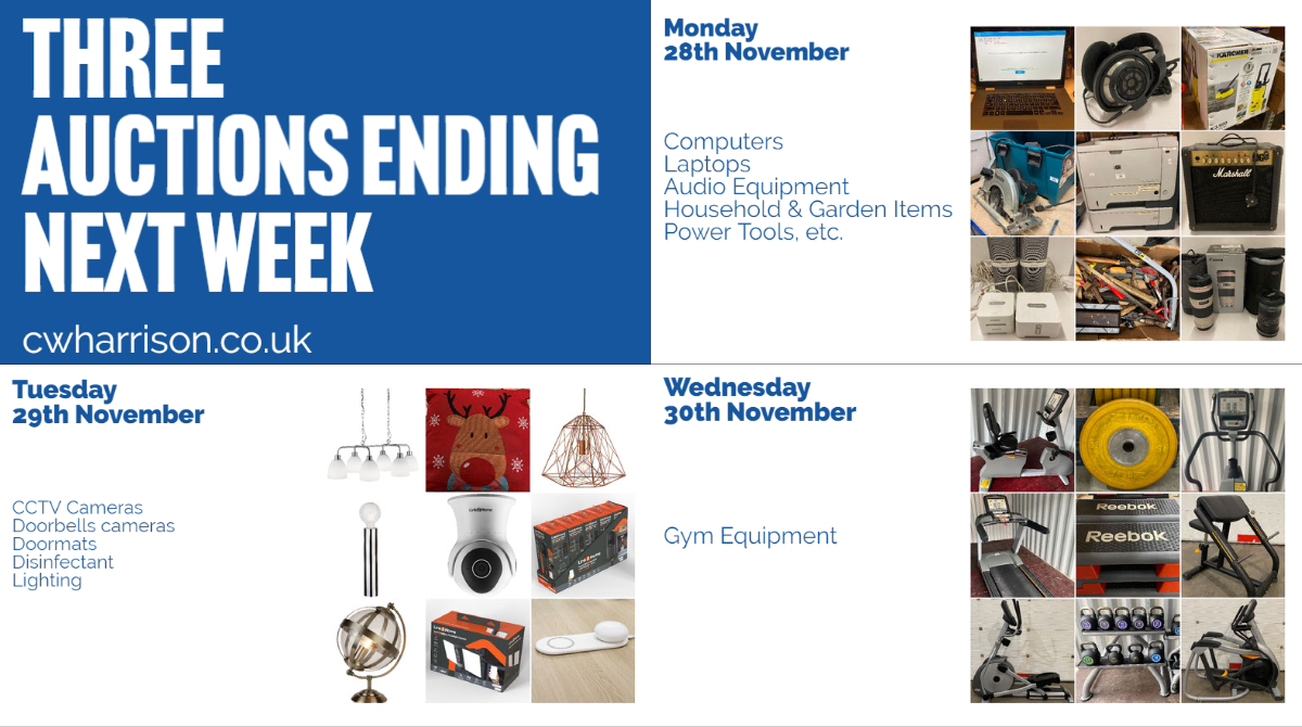 CWHAuctioneers's tweet image. Three auctions ending next week! 
Mon 28th: IT, Audio, Household &amp;amp; Garden Tools, Power Tools, etc. Tue 29th: CCTV Cameras, Lighting, Disinfectant 
Wed 30th: Gym Equipment 
View and bid online here i-bidder.com/en-gb/auction-… #auction #ITauction #ComputerAuction #CCTVcamera #lighting