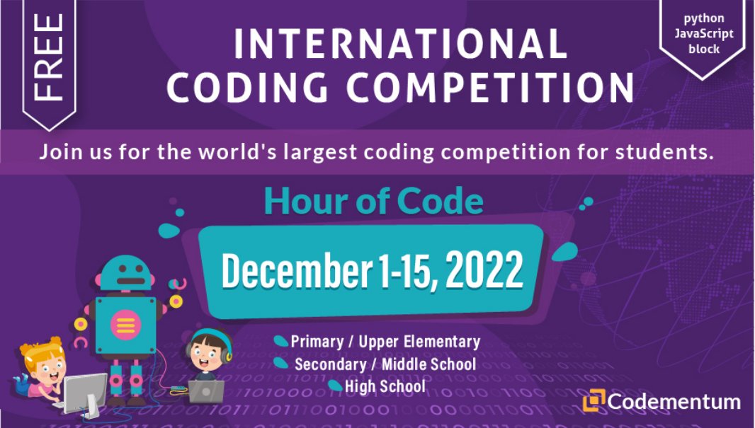 Heather LaDuca (@laducastem) on Twitter photo Celebrate Computer Science Education Week with <a href="/Codementum1/">Codementum</a>'s International Coding Competition 2022
codementum.com/hour-of-code/ Celebrate Computer Science Education Week with <a href="/Codementum1/">Codementum</a>'s International Coding Competition 2022
codementum.com/hour-of-code/