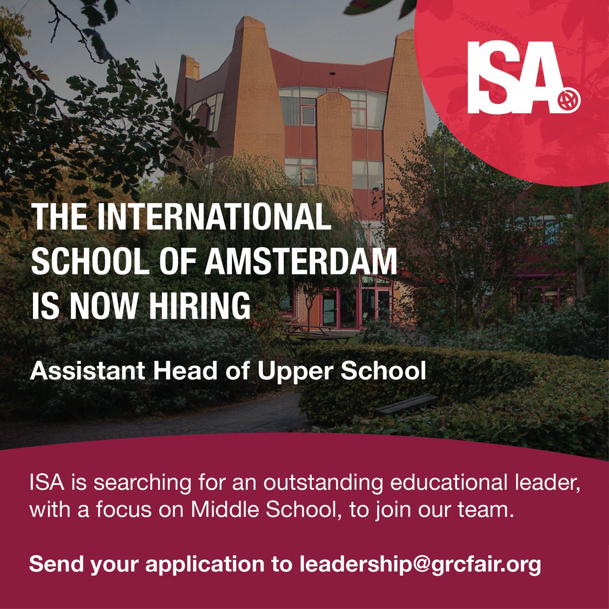 GrcFair's tweet photo. The International School of Amsterdam (ISA) is looking for their next Assistant Head of Upper School. Send your application to leadership@grcfair.org
#GRCFairLeadership #GRCFair #Leadership #teachersoftwitter #education #k12
@IntlSchAmst @GrcFair https://t.co/obT5eLdbgc