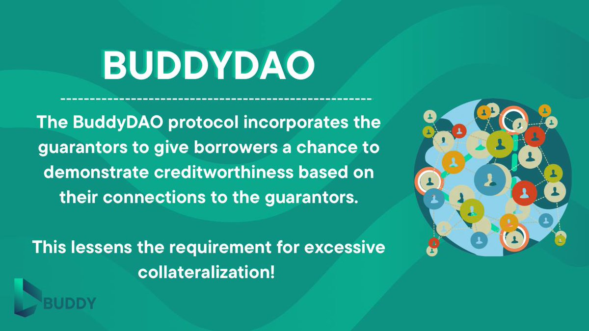 DaoBuddy's tweet photo. #BuddyDAO protocol incorporates the guarantors to give borrowers a chance to demonstrate creditworthiness based on their connections to the guarantors.

This lessens the requirement for excessive collateralization! 😎

For more info: https://t.co/swv3I3A8HJ https://t.co/0TuNTo50YR
