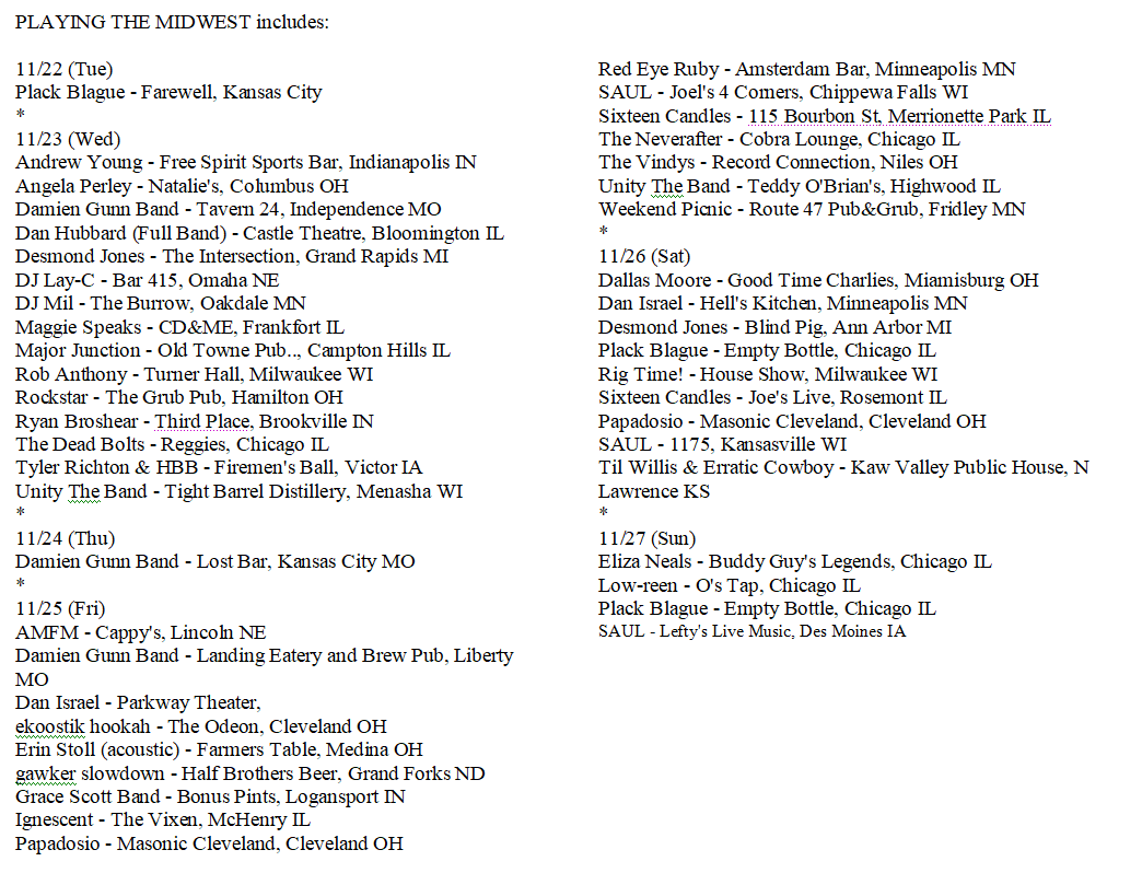 (11/22) Playing The Midwest includes: <a href="/deadboltsmusic/">The Dead Bolts</a> <a href="/DesmondJonesGR/">Desmond Jones</a> <a href="/djdmil/">WHEELS OF STEEL ⚙️⚙️</a> <a href="/jeremyporterMI/">Jeremy Porter</a> <a href="/LaciBall/">DJ Lay-C</a> <a href="/ryanbroshear/">Ryan Broshear</a> <a href="/unitytheband/">Unity The Band</a>