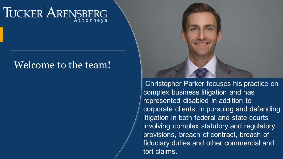 Tucker Arensberg is pleased to welcome Christopher Parker to our firm. Christopher focuses his practice on complex business litigation.

To learn more about Christopher, click here to view his bio: hubs.ly/Q01sQXYY0

#litigationattorney #businesslitigation