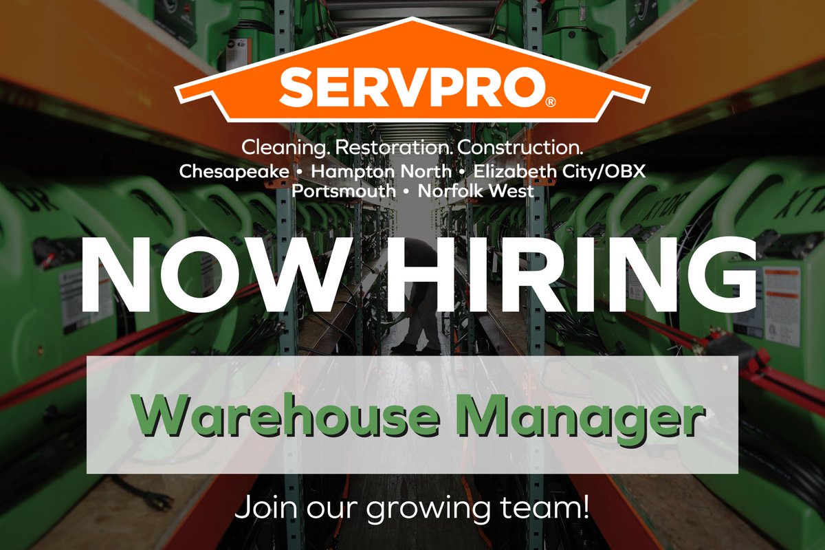 We’re hiring! #SERVPRO of Chesapeake is hiring for a Warehouse Manager! Build your career with a team that loves to make a difference in their community! For more information please visit: bit.ly/3kUOLsH
