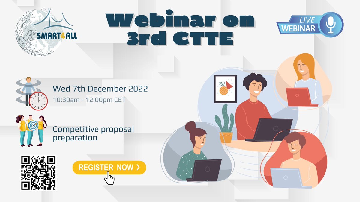 Smart_4All's tweet image. 📆 On Wednesday 7th December, join us on the last #SMART4ALL webinar for the 3rd #CTTE Open Call.
✍️ Potential applicants kindly register here 👉 bit.ly/3AxrYeA
🎯 Presentations and useful tips will be given by @uopgr, @FundingBox
Find out more👉 bit.ly/3AYJEAf