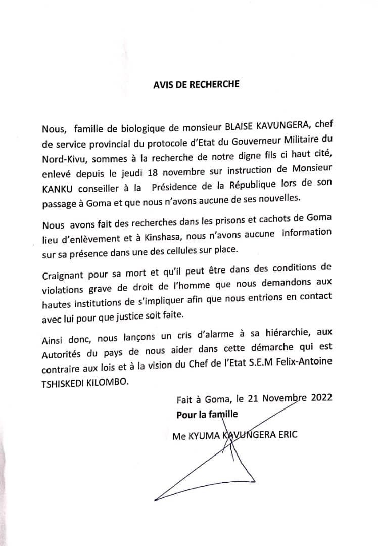 CarlosM89407832's tweet photo. La famille biologique de BLAISE KAVUNGA, protocole d'Etat du Nord Kivu, lance un cri d'alarme au PR @fatshi13 , aux Min de DH et justice @fabrice_puela , #RoseMutombo ainsi qu'aux ONGs de DH dl venir en aide pr retrouver leur fils disparu depuis le 18/11/2022 https://t.co/H2qlWCUq82
