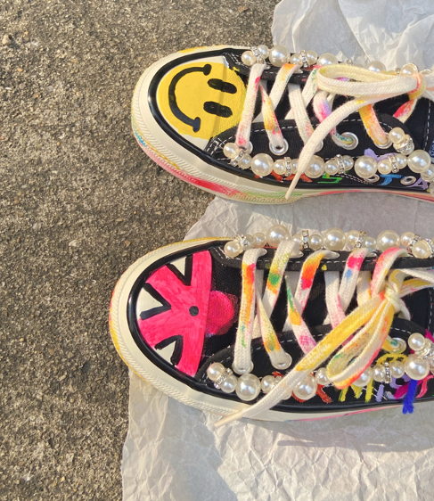European station spring new heavy original graffiti AB version smiley face beaded women's canvas shoes tow personalized tide