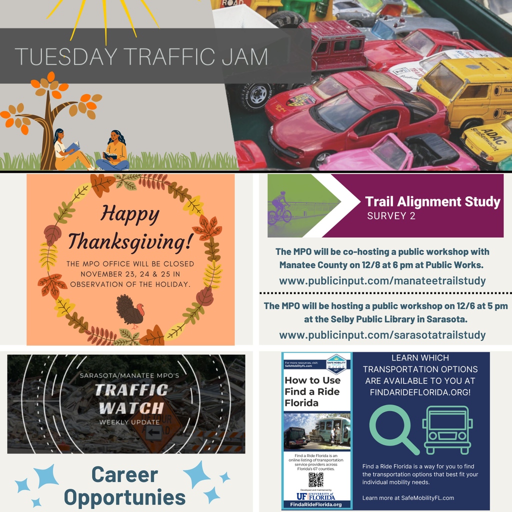 saramanampo's tweet photo. Thankful that today is Tuesday! Tuesday Traffic Jam is here! 🎉 Check out this week's issue of the MPO's newsletter by clicking this link: https://t.co/AZUOqcVMKU
#SaraManaMPO #HappyThanksgiving #TTJ #TuesdayTrafficJam #newsetter #sarasota #manatee https://t.co/yyF0IeE5Rs