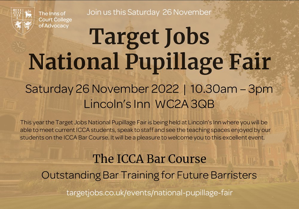 Join us this Saturday at the Target Jobs National #Pupillage Fair. Chat with current ICCA #students, meet staff and see the teaching spaces enjoyed by our students on the ICCA Bar Course. 

Register here: ow.ly/tbEA50LJVYb

#lawstudents #barrister #ForFutureBarristers
