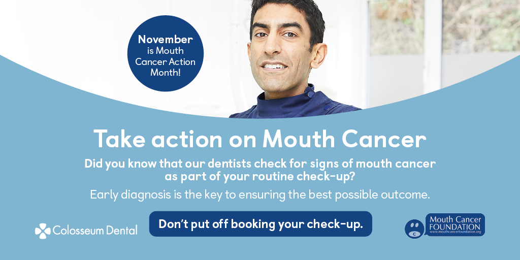 .<a href="/MouthCancerMCF/">Mouth Cancer Foundation #mouthcancerwalk</a> Did you know that our dentists check for signs of mouth cancer as part of your routine check-up? Take action. Don't put off booking your check-up. Head to colosseumdental.co.uk/mouth-cancer-a… to find out more 💙 #ColosseumDental #WeCareMore #MouthCancerAwarenessMonth