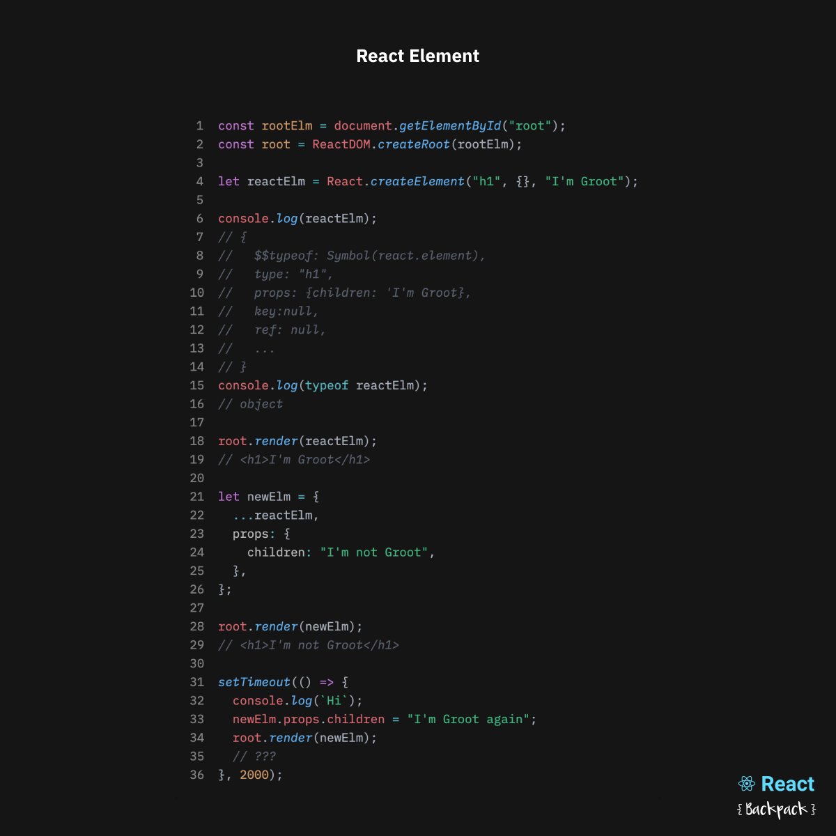 misterphongs's tweet photo. ทดลองเล่น ๆ 

จะเกิดอะไรขึ้นถ้าเราเปลี่ยนค่า `children` ใน element ตรง ๆ ?

```
setTimeout(() => {
     console.log(`Hi`);
     newElm.props.children = "I'm Groot again";
     root.render(newElm);
}, 2000);
``` https://t.co/TC1yXwzYoR