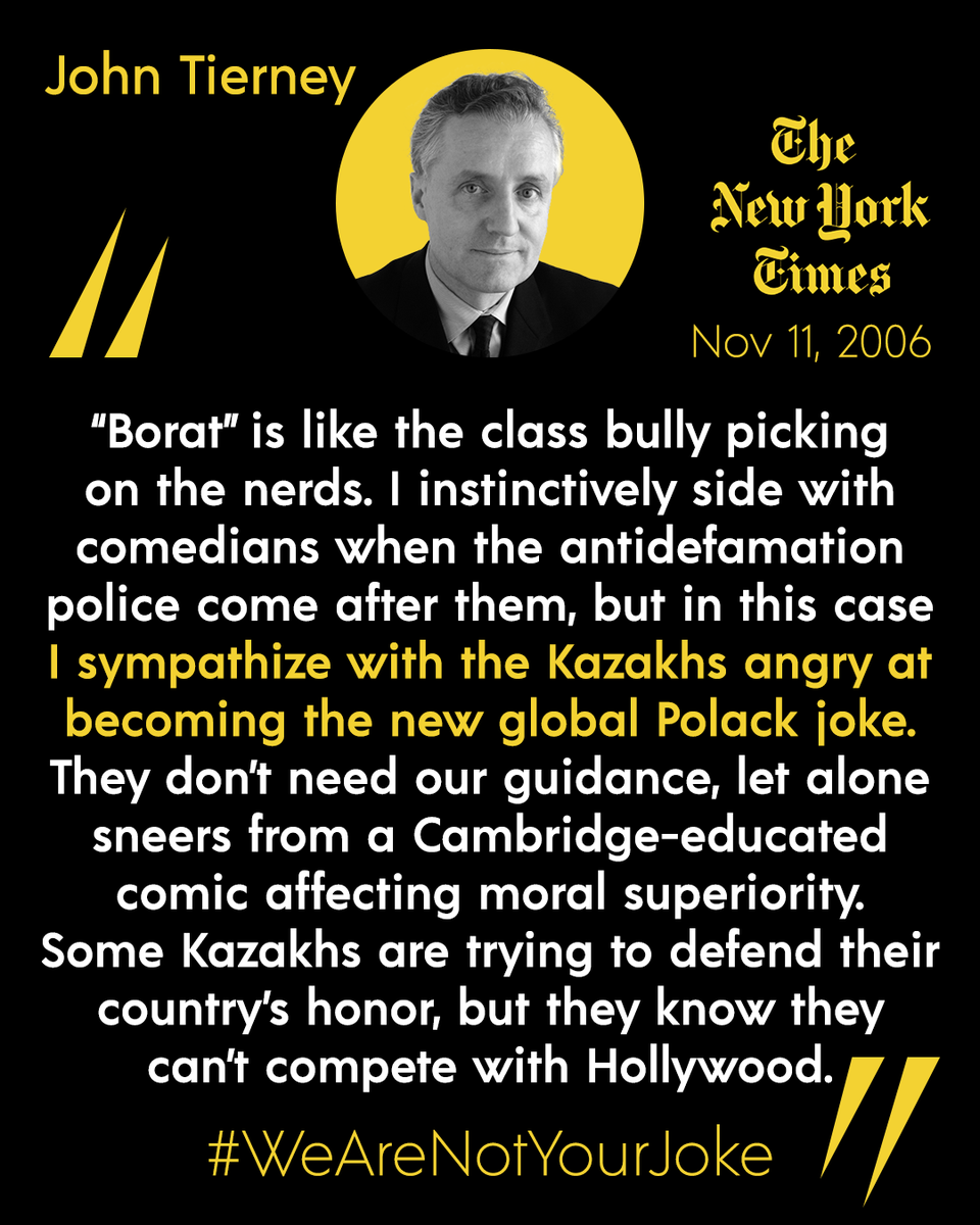 WereNotYourJoke's tweet photo. In 2006, @JohnTierneyNYC argued that backward #Kazakh stereotype in #Borat makes Westerners feel superior to them, which, in turn, leads to new forms of imperialism over #Kazakhstan &amp; other developing countries.

https://t.co/5Kk5ALfz1I

#WeAreNotYourJoke #StopHateForProfit https://t.co/KV60Mjz28f